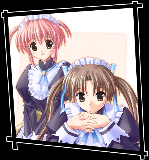 2girls, brown_eyes, brown_hair, cosmos_no_sora_ni, koizumi_marine, maid, maid_headdress, pink_hair