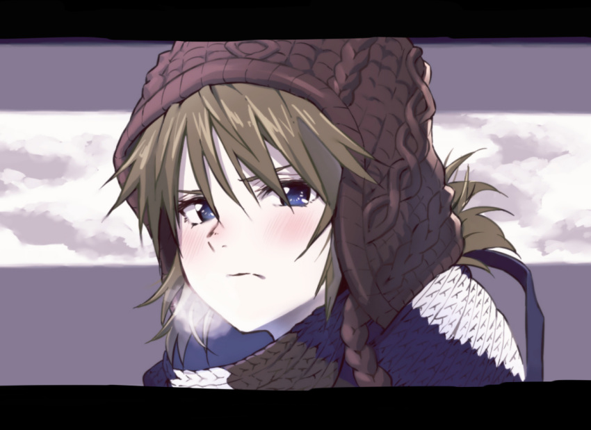 alternate_costume, bangs, blue_eyes, blush, breath, brown_hair, brown_headwear, close-up