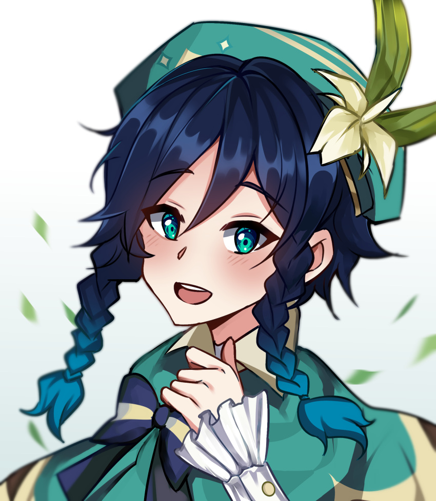 1boy, androgynous, bangs, beret, black_hair, blue_hair, blush, bow