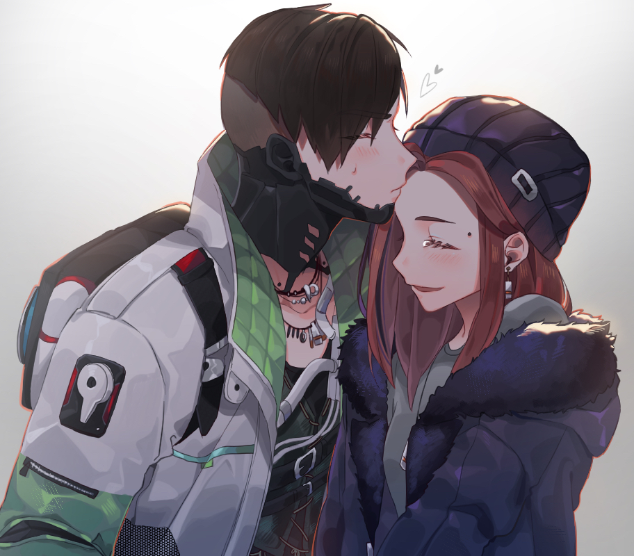 1boy, 1girl, apex_legends, backpack, bag, beanie, black_hair, black_jacket, black_shirt, brother_and_sister, closed_eyes, collarbone, crypto_(apex_legends), earrings, forehead_kiss, fur_trim, green_shirt, green_sleeves, hair_behind_ear, hat, iyo_(nanaka-0521), jacket, jewelry, kiss, medium_hair, mila_alexander, mole_above_eye, multicolored_hair, necklace, orange_hair, purple_hair, purple_headwear, shirt, siblings, streaked_hair, tearing_up, upper_body, white_jacket