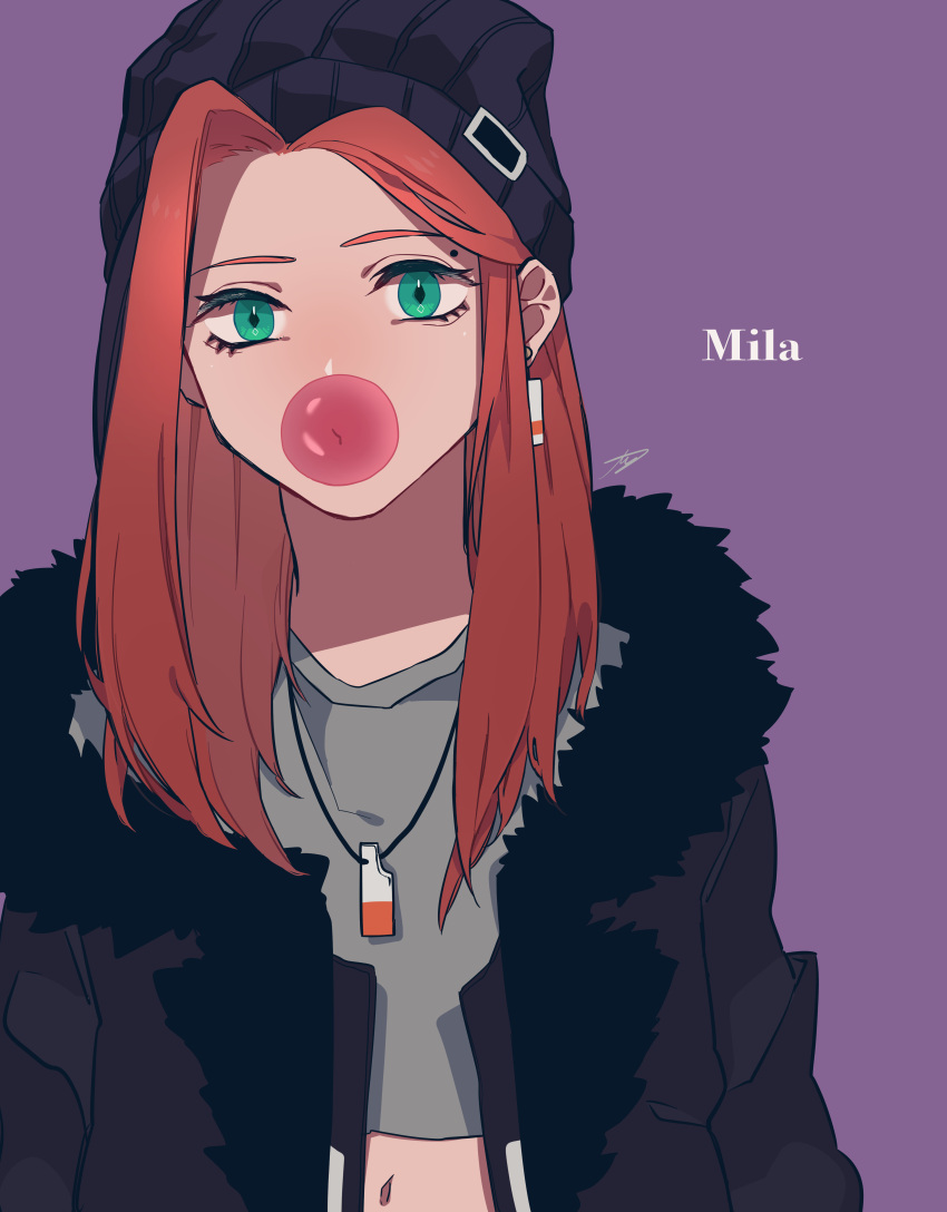 1girl, absurdres, apex_legends, beanie, black_jacket, bubble_blowing, character_name, chewing_gum
