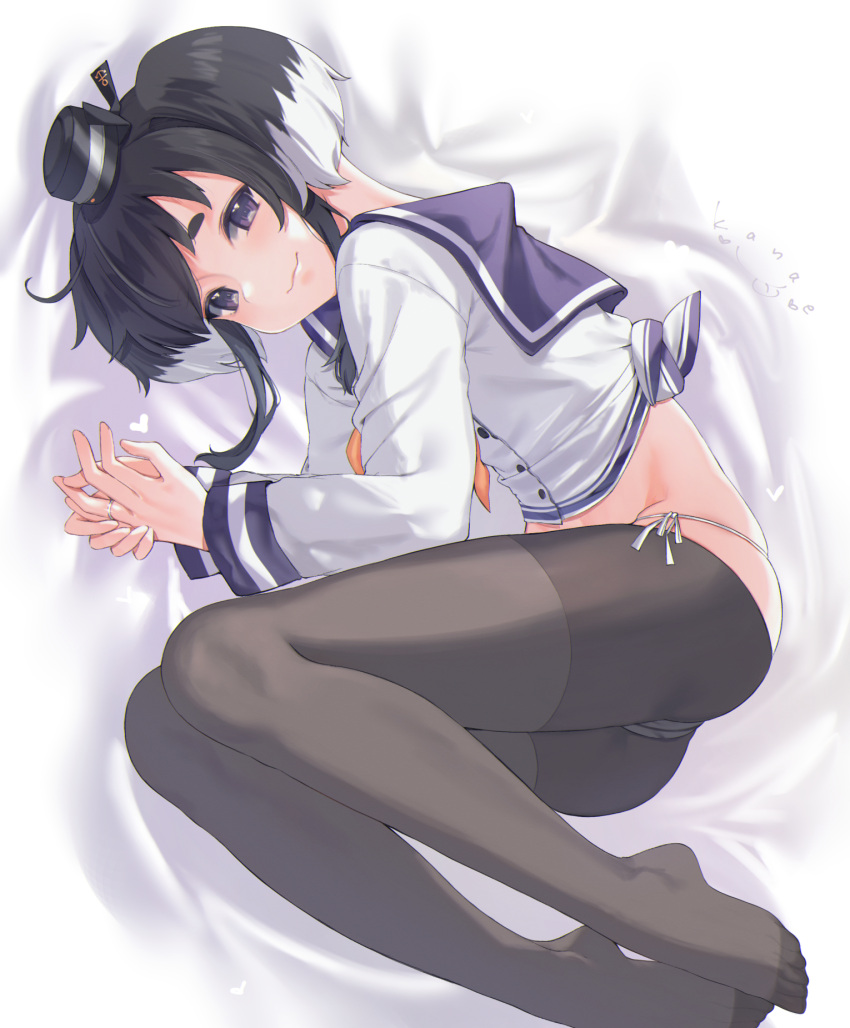 1girl, black_hair, black_legwear, brown_eyes, hat, highres, inorin05kanae, kantai_collection