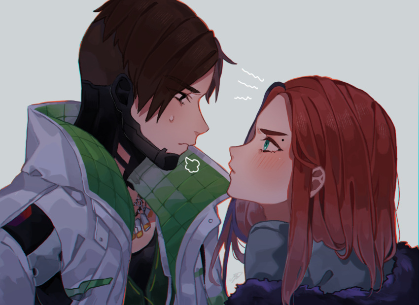 1boy, 1girl, apex_legends, black_hair, black_shirt, blue_background, blue_eyes, blue_shirt