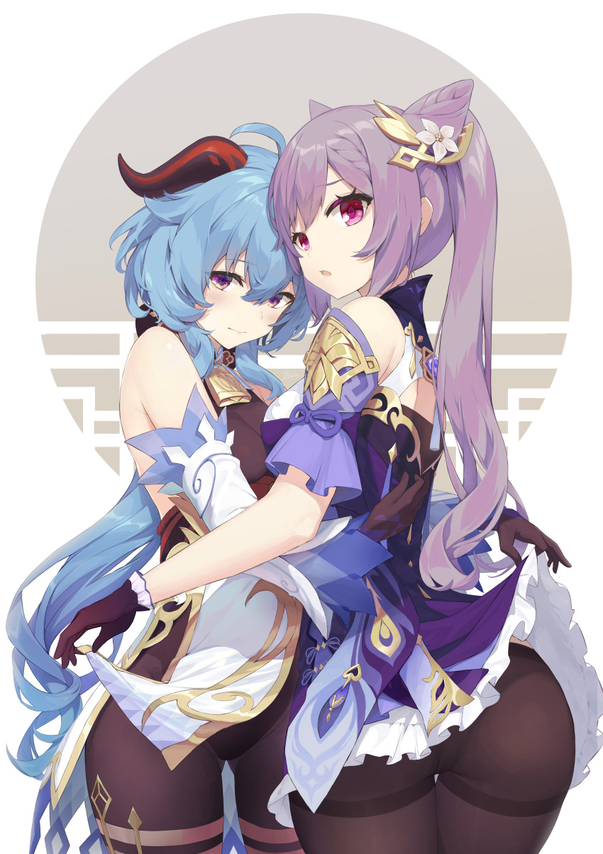 2girls, absurdres, ahoge, ass, bangs, bare_shoulders, bell, black_gloves, black_legwear, black_leotard, blue_(9153585), blue_hair, breasts, clothes_lift, commentary_request, cowbell, detached_sleeves, dress, dress_lift, eyebrows_visible_through_hair, flower, ganyu_(genshin_impact), genshin_impact, gloves, goat_horns, hair_cones, hair_flower, hair_ornament, highres, horns, hug, keqing_(genshin_impact), leotard, leotard_under_clothes, lifted_by_another, long_hair, long_sleeves, looking_at_viewer, medium_breasts, multiple_girls, pantyhose, purple_dress, purple_hair, short_sleeves, twintails, very_long_hair, violet_eyes, vision_(genshin_impact), yuri