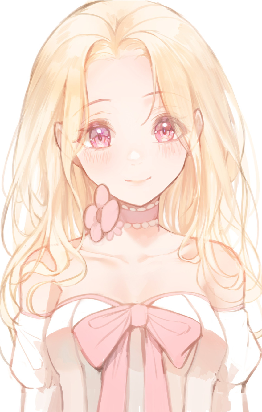 1girl, absurdres, bangs, bare_shoulders, blonde_hair, blush, bow, breasts