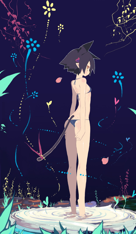 animal_ears, arue, barefoot, bikini, black_hair, cat_ears, sanada_taketo, swimsuit