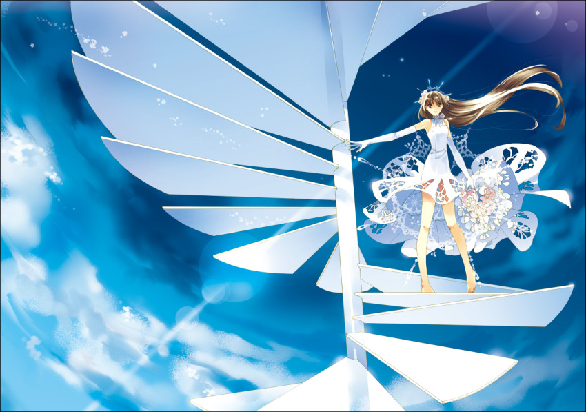 bad_id, barefoot, bouquet, brown_eyes, brown_hair, chry_(abbey_bc), cloud, dress, elbow_gloves, flower, gloves, long_hair, original, sky, solo, stairs, very_long_hair, wind