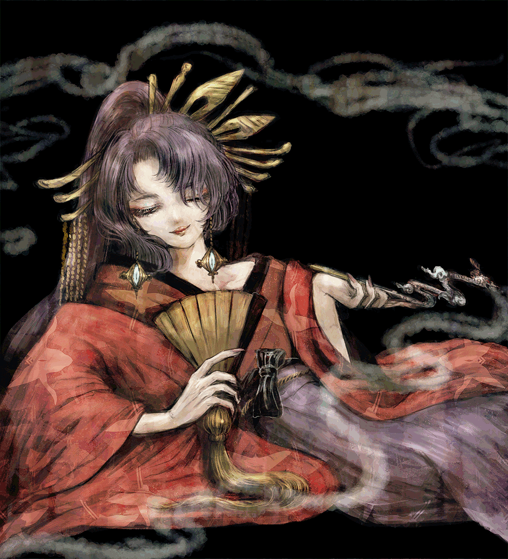 1girl, alternate_costume, alternate_headwear, bare_shoulders, black_background, blowing_smoke, closed_fan, earrings