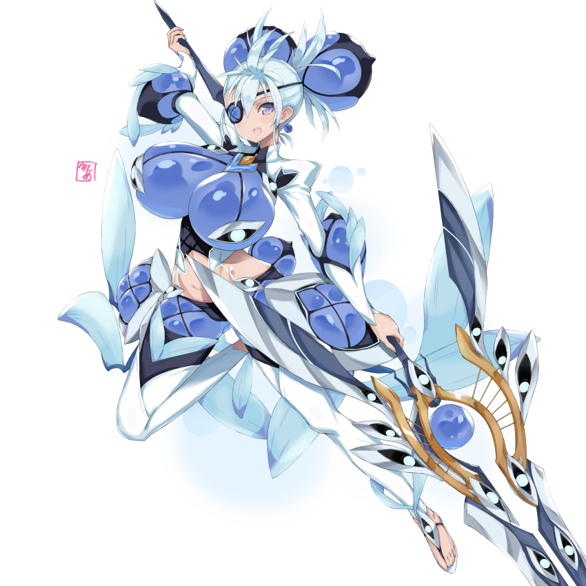 1girl, bea_(bropmlk), blue_eyes, blue_hair, breasts, eyepatch, gigantic_breasts, highres, lance, large_breasts, polearm, praxis_(xenoblade), sandals, simple_background, solo, weapon, white_background, xenoblade_chronicles_(series), xenoblade_chronicles_2