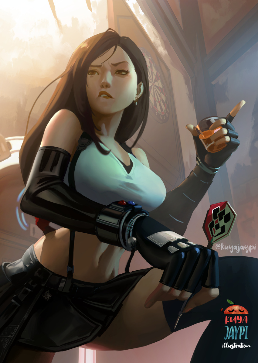 1girl, absurdres, alcohol, bar, biting, black_gloves, black_legwear, black_skirt, black_sports_bra, bracelet, breasts, brown_eyes, brown_hair, crop_top, cup, dartboard, darts, earrings, elbow_gloves, final_fantasy, final_fantasy_vii, final_fantasy_vii_remake, fingerless_gloves, gloves, highres, holding, holding_cup, indoors, jewelry, kuya_jaypi, large_breasts, leg_up, lip_biting, lips, long_hair, low-tied_long_hair, materia, miniskirt, navel, nose, shirt, skirt, solo, sports_bra, suspender_skirt, suspenders, tank_top, taut_clothes, taut_shirt, thigh-highs, tifa_lockhart, toned, whiskey, white_tank_top