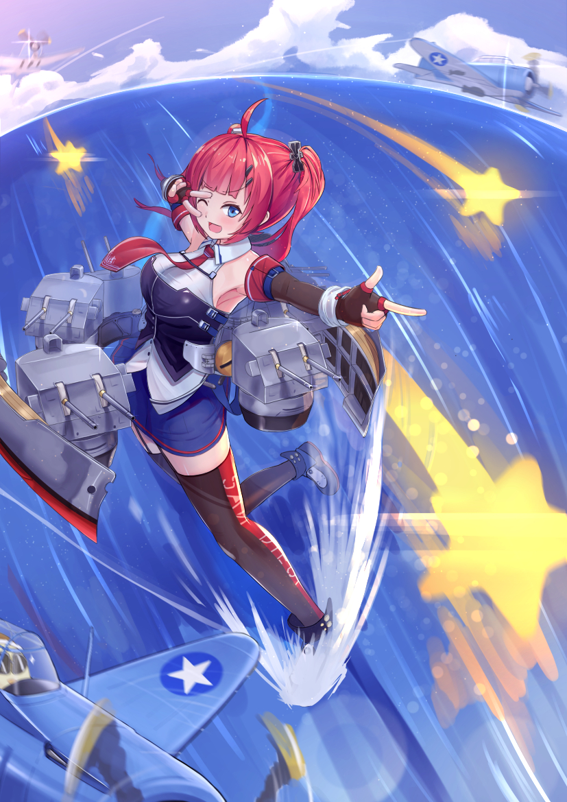 1girl, ahoge, aircraft, airplane, azur_lane, bare_shoulders, blue_eyes, breasts