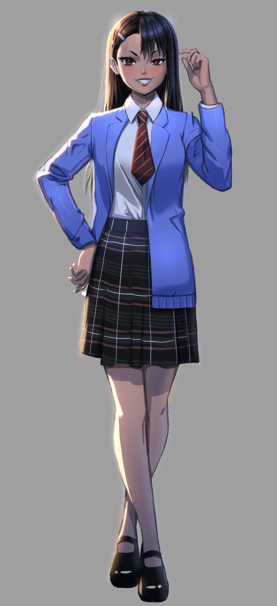 1girl, asymmetrical_bangs, bangs, black_footwear, black_hair, black_skirt, blazer, blue_jacket, blush, breasts, brown_eyes, collaboration, collared_shirt, crossed_legs, dark_skin, dark-skinned_female, ear_clip, english_commentary, full_body, grey_background, grin, hair_ornament, hairclip, highres, ijiranaide_nagatoro-san, jacket, kuya_jaypi, lips, long_hair, mary_janes, minimalaifu, nagatoro_hayase, necktie, plaid, plaid_skirt, red_neckwear, school_uniform, shirt, shoes, sidelighting, skirt, small_breasts, smile, solo, standing, striped, striped_neckwear, white_shirt