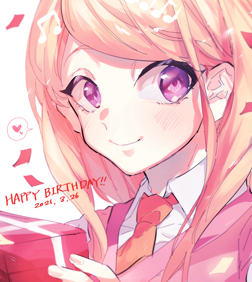 1girl, akamatsu_kaede, bangs, blonde_hair, blush, box, close-up, collared_shirt