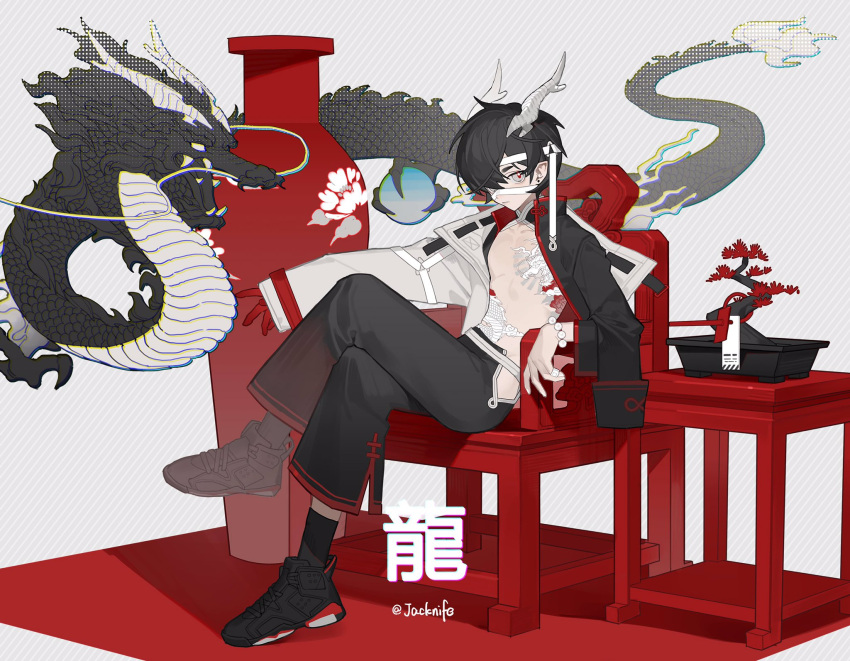 1boy, bandaid, bead_bracelet, beads, black_footwear, black_gloves, black_hair, black_legwear, bonsai, bracelet, chair, chromatic_aberration, coat, crossed_legs, dragon, dragon_horns, dragon_tattoo, floral_print, gloves, grey_coat, grey_eyes, highres, horns, jacknife, jewelry, male_focus, open_clothes, open_coat, original, pointy_ears, red_gloves, red_pupils, shoes, single_glove, sitting, sneakers, socks, solo, tattoo, twitter_username, vase
