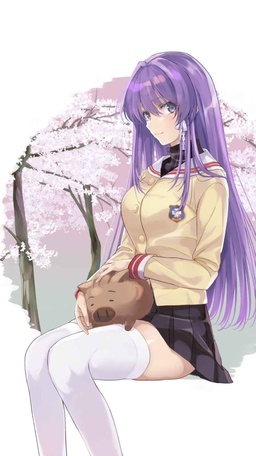 1girl, black_shirt, black_skirt, blue_eyes, blush, botan_(clannad), breasts, cardigan