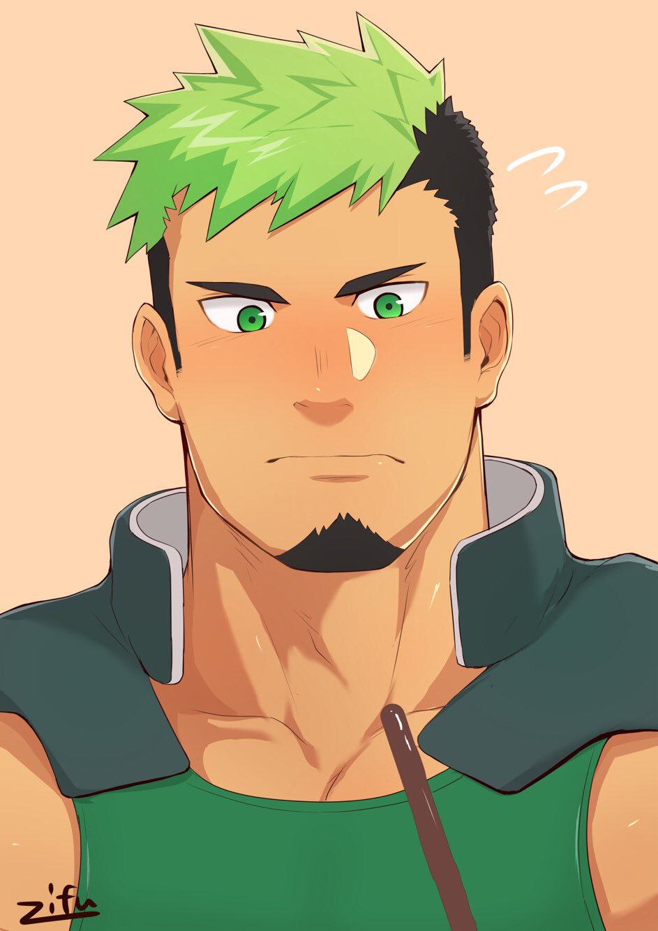 1boy, black_hair, blush, dark_skin, dark_skinned_male, facial_hair, food, gakuran