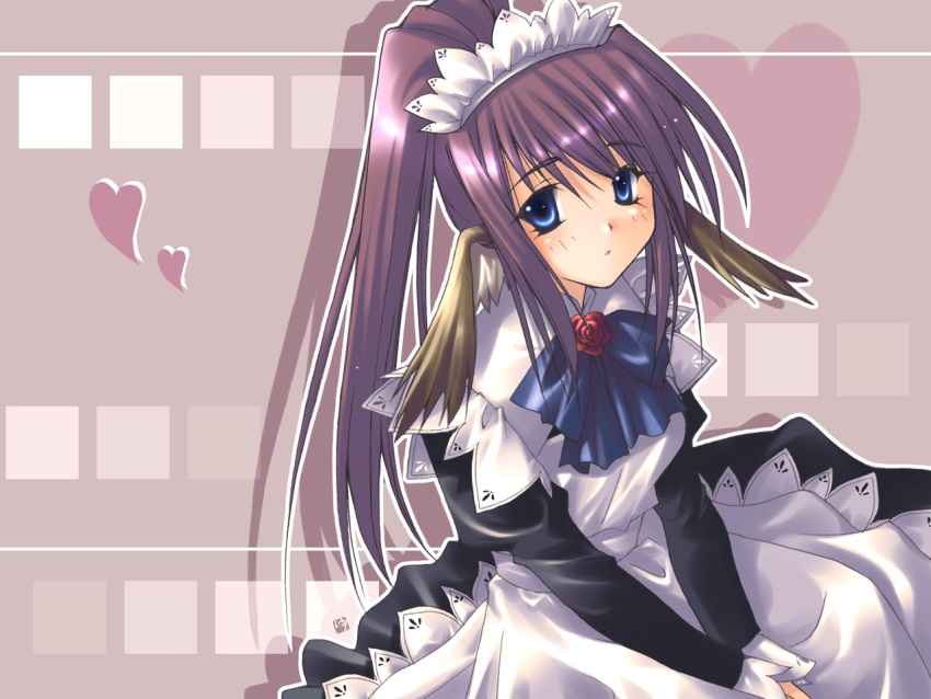 blush, duplicate, head_wings, long_hair, maid, ponytail, purple_hair, touka