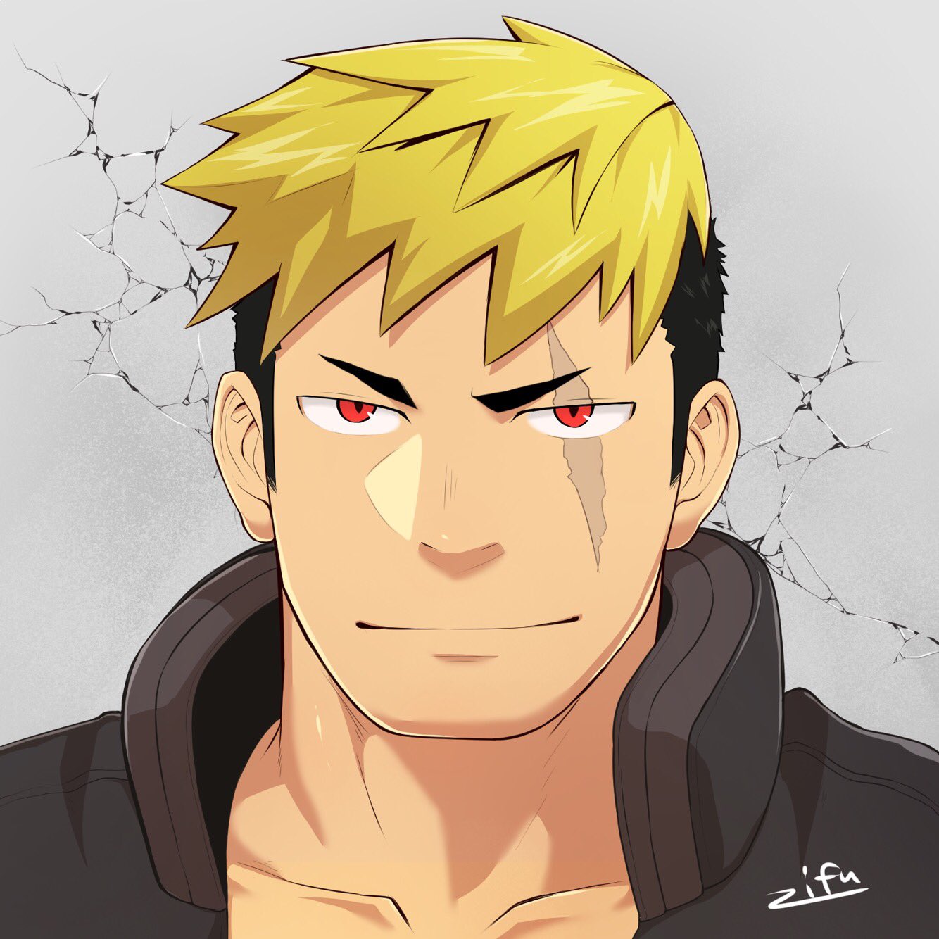 1boy, black_hair, blonde_hair, character_name, character_request, close-up, face, highres