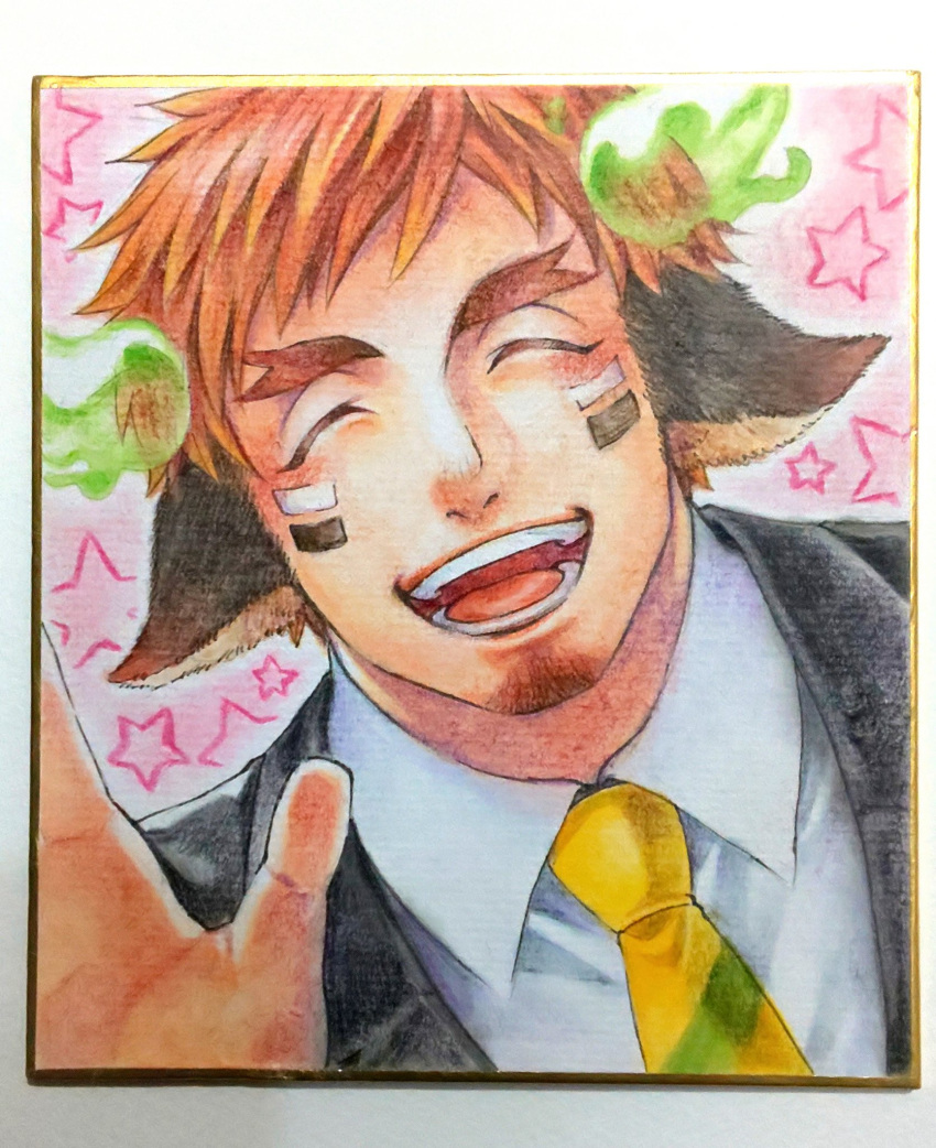 1boy, :d, ^_^, animal_ears, brown_eyes, brown_hair, closed_eyes, cow_boy, cow_ears, cow_horns, dark_skin, dark_skinned_male, facial_hair, fiery_horns, forked_eyebrows, formal, glowing_horns, goatee, highres, horns, male_focus, momo_(redcomet1104), necktie, official_alternate_costume, open_mouth, short_hair, smile, solo, spiky_hair, suit, thick_eyebrows, tokyo_houkago_summoners, traditional_media, upper_body, wakan_tanka, waving