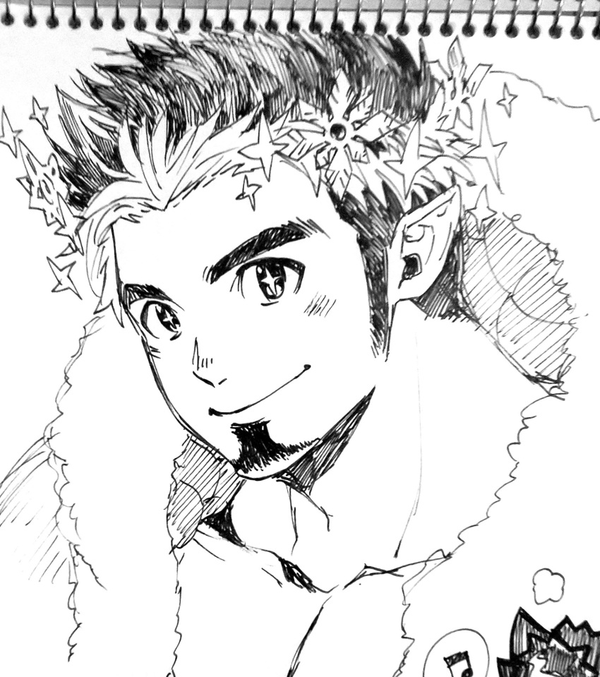 1boy, blush, christmas, facial_hair, fur-trimmed_jacket, fur_trim, goatee, greyscale