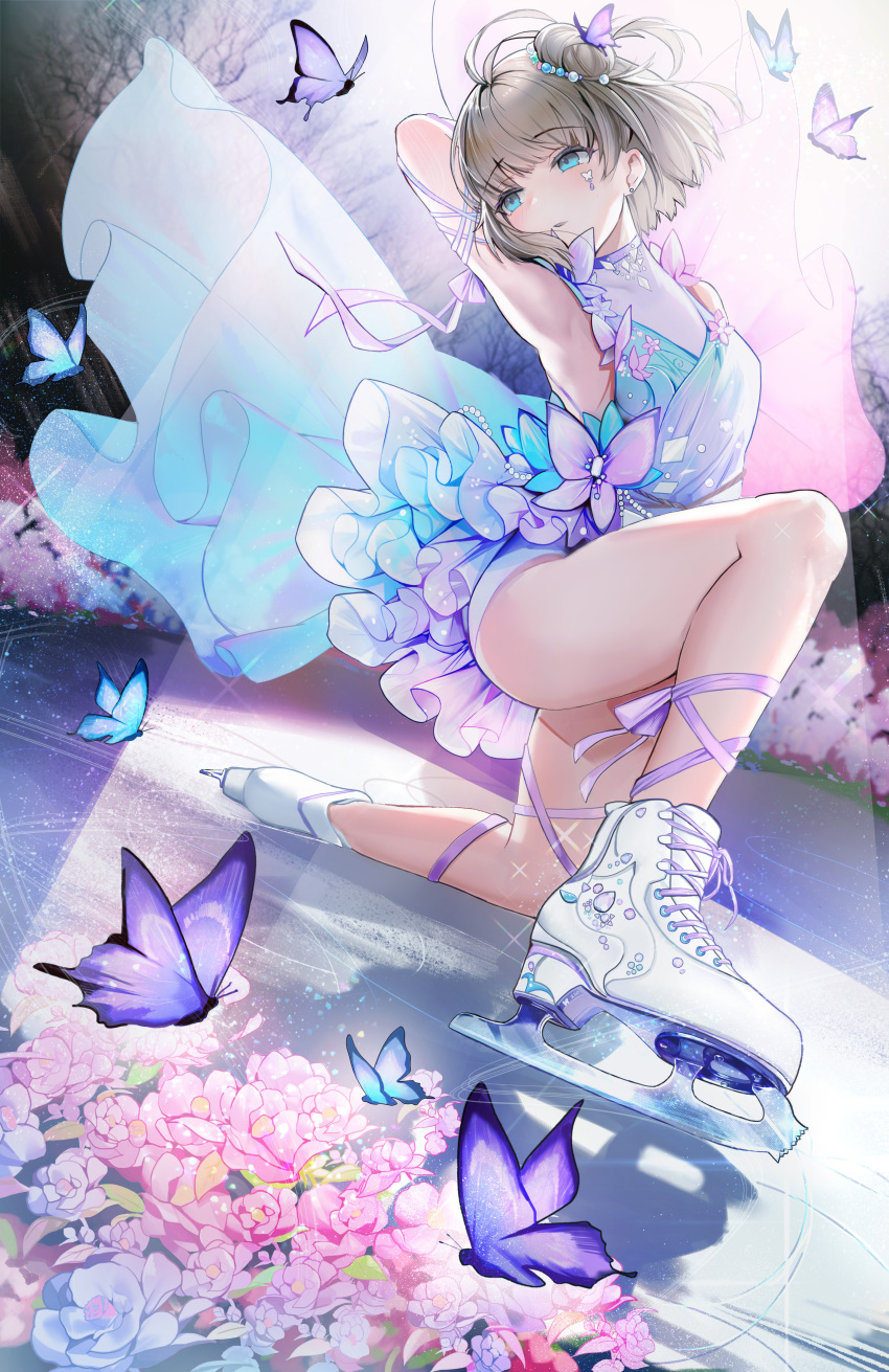 absurdres, armpits, bare_arms, bare_legs, blue_eyes, blush, brown_hair, bug
