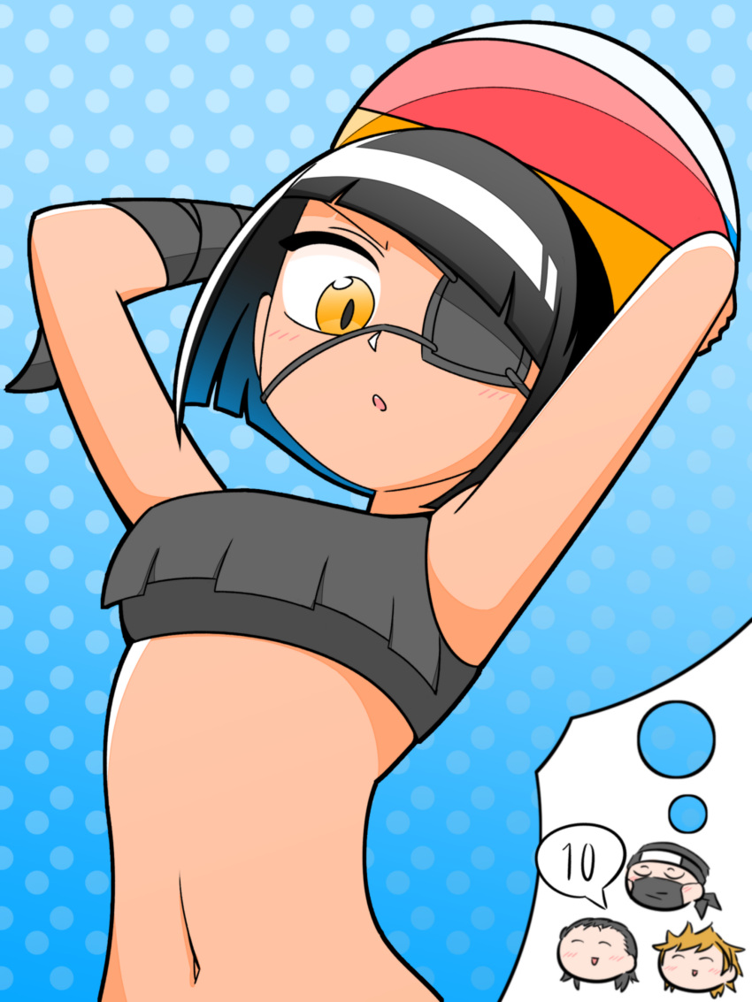 1girl, 3boys, absurdres, ball, bandaged_arm, bandages, beachball, bikini, black_bikini, commentary, eyepatch, highres, komi-san_wa_komyushou_desu, lecca_aisu, multiple_boys, omoharu_nakanaka, slit_pupils, solo_focus, swimsuit, tan, thought_bubble