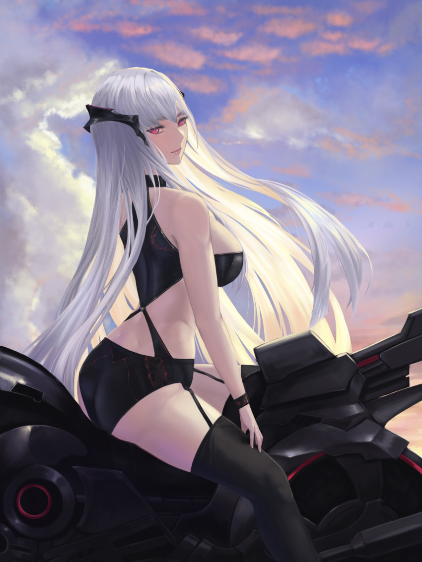 1girl, absurdres, beak_(girls_frontline), bike_shorts, biker_clothes, black_legwear, black_tank_top, breasts, clouds, cloudy_sky, garter_straps, girls_frontline, ground_vehicle, hairband, highres, large_breasts, lips, long_hair, looking_at_viewer, motor_vehicle, motorcycle, on_motorcycle, photoshop_(medium), sangvis_ferri, shorts, silver_hair, simple_background, sitting, sky, solo, tank_top, thigh-highs, un_lim, violet_eyes