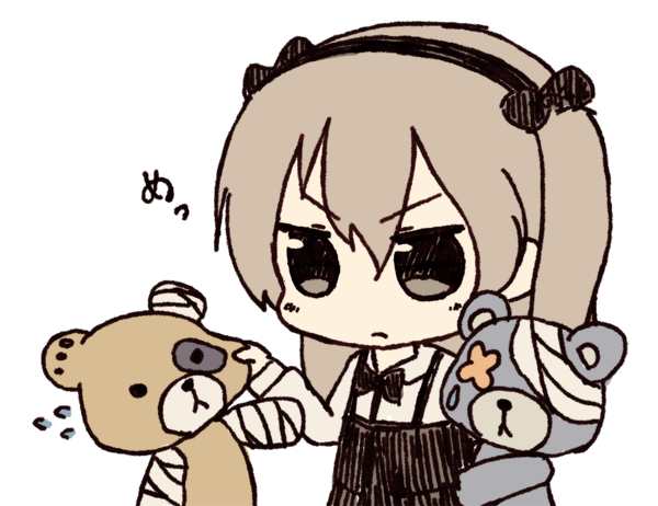 >:(, 1girl, bandages, bangs, black_bow, black_hairband, black_neckwear, boko_(girls_und_panzer)