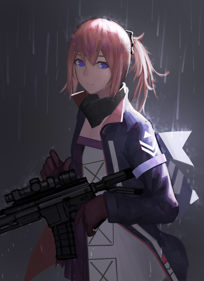 1girl, absurdres, alternate_costume, ar-15, black_gloves, black_scarf, blue_eyes, closed_mouth