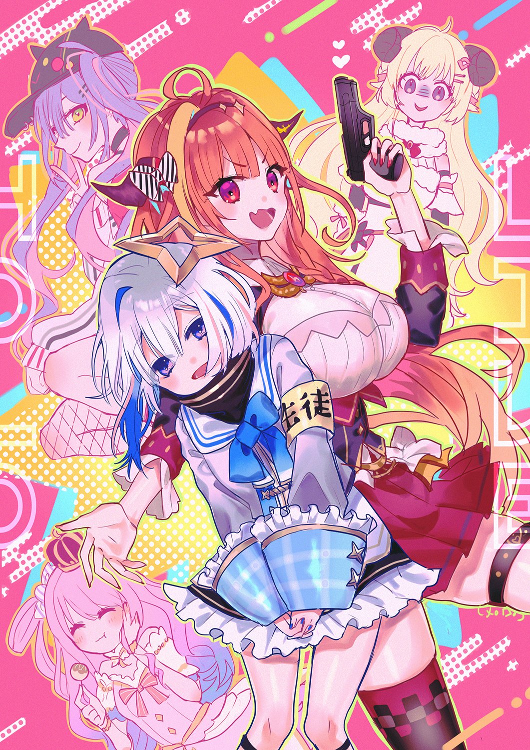 5girls, ahoge, amane_kanata, animal_ears, armband, asymmetrical_legwear, bangs, bare_shoulders, bibi_(tokoyami_towa), black_choker, black_jacket, blonde_hair, blue_eyes, blue_hair, blue_nails, blue_neckwear, blunt_bangs, bow, bowtie, braid, breasts, brooch, candy_hair_ornament, checkered, checkered_legwear, choker, closed_eyes, colored_inner_hair, commentary_request, crop_top, crown, curled_horns, detached_sleeves, diagonal-striped_bow, dragon_girl, dragon_horns, dragon_wings, dress, eating, eyebrows_visible_through_hair, fake_horns, fang, fishnet_legwear, fishnets, food, food_themed_hair_ornament, fur-trimmed_dress, fur-trimmed_sleeves, fur_trim, gem, gradient_hair, green_eyes, gun, hair_between_eyes, hair_ornament, hair_rings, hairclip, halo, hand_on_own_cheek, hand_on_own_face, handgun, heart, highlights, highres, himemori_luna, holding, holding_gun, holding_weapon, hololive, horn_bow, horns, jacket, jewelry, kiryu_coco, large_breasts, long_hair, long_sleeves, looking_at_viewer, merocake, mini_crown, miniskirt, multicolored, multicolored_eyes, multicolored_hair, multiple_girls, nail_polish, open_mouth, orange_hair, pink_dress, pink_hair, pistol, pleated_skirt, purple_hair, red_eyes, red_nails, red_skirt, sailor_collar, sheep_ears, sheep_girl, sheep_horns, shirt, short_hair, side_braid, sidelocks, silver_hair, single_braid, single_thighhigh, skin_fang, skindentation, skirt, smile, streaked_hair, striped, striped_bow, takoyaki, thigh-highs, thigh_strap, tokoyami_towa, toothpick, tsunomaki_watame, turtleneck, twintails, v, violet_eyes, virtual_youtuber, weapon, white_shirt, wings