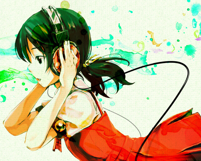 black_hair, child, hands, hands_on_headphones, headphones, kaai_yuki, plus7, school_uniform