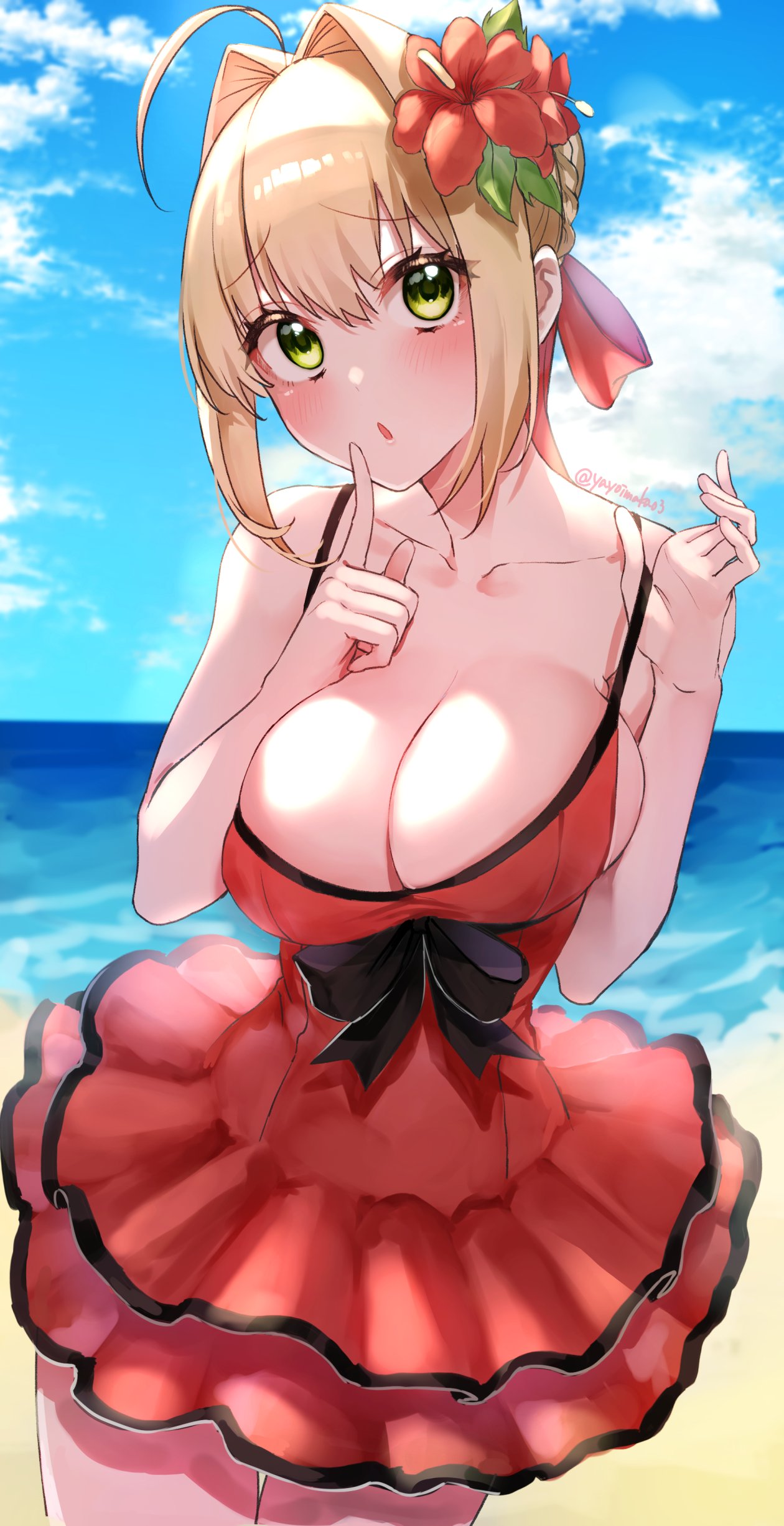 1girl, absurdres, ahoge, beach, blue_sky, breasts, clouds, dress