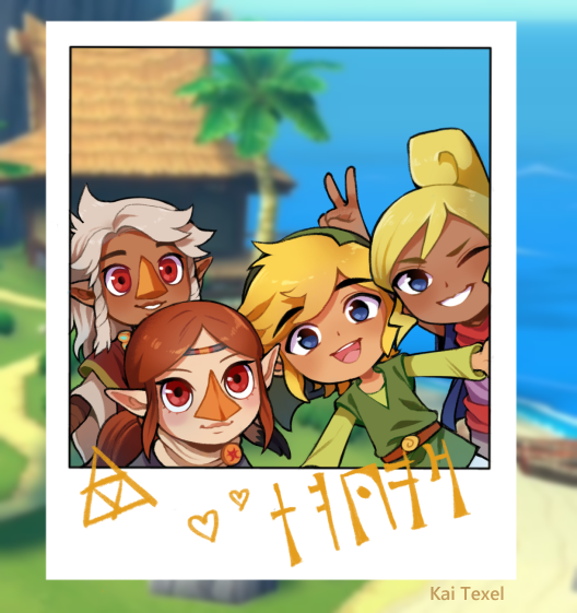 2boys, 2girls, ;d, alternate_skin_color, artist_name, aryll, bangs, beak