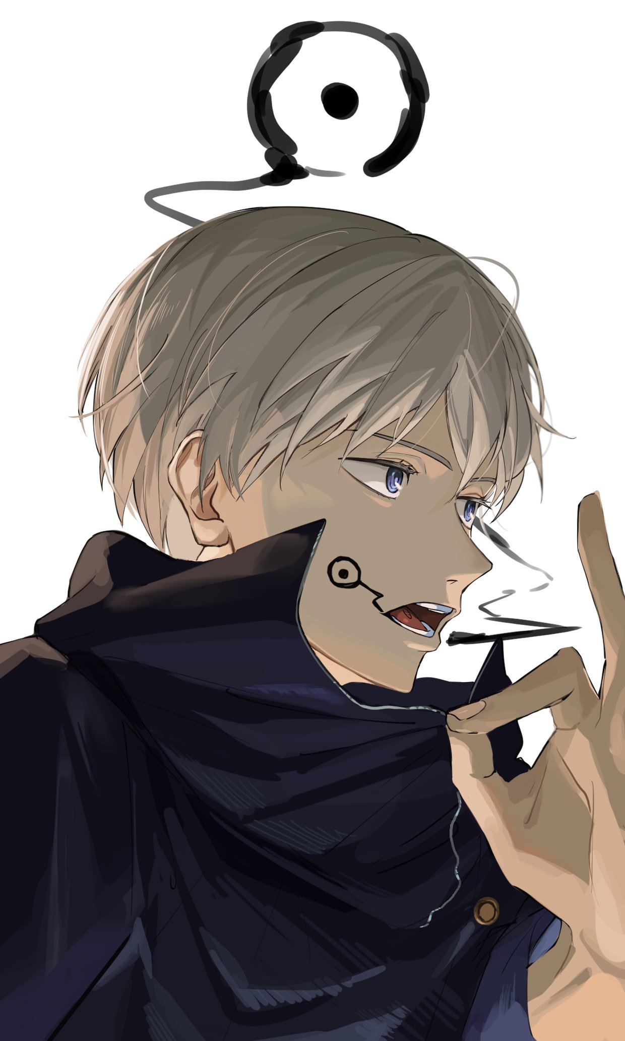 1boy, aura, bangs, black_shirt, blue_eyes, buttons, eyelashes, from_side