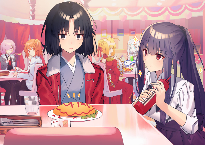 6+girls, absurdres, ahoge, asagami_fujino, bangs, black_dress, black_eyes, black_hair