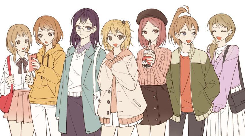 6+girls, alternate_costume, bag, black_hair, blonde_hair, brown_hair, casual, cellphone