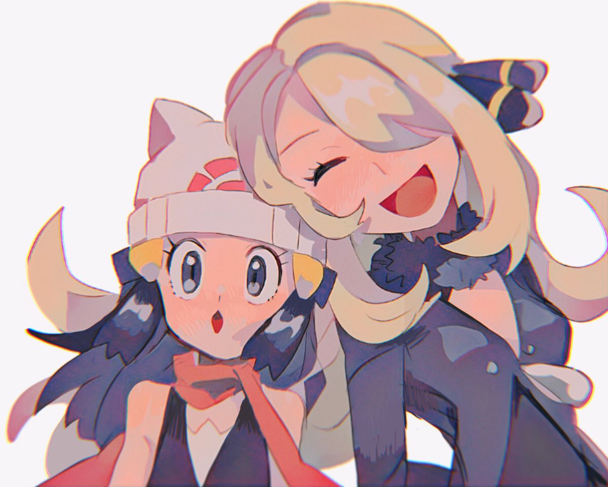 2girls, :d, ^_^, bare_shoulders, beanie, blonde_hair, breasts, closed_eyes, cynthia_(pokemon), hikari_(pokemon), fur_trim, hair_over_one_eye, hat, hinann_bot, long_hair, multiple_girls, open_mouth, pokemon, pokemon_(game), pokemon_dppt, scarf, simple_background, small_breasts, smile, upper_body, white_background