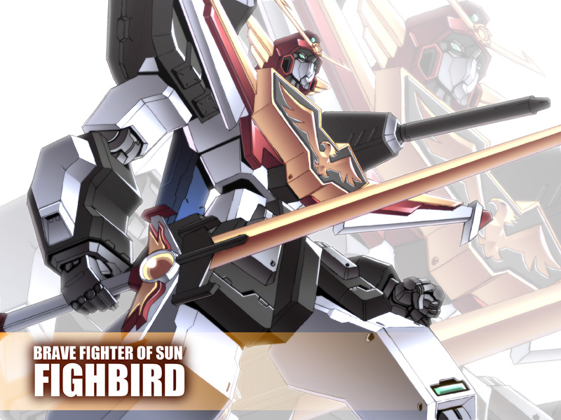 fumizuki_homura, great_fighbird, gun, mecha, no_humans, solo, sword, taiyou_no_yuusha_fighbird