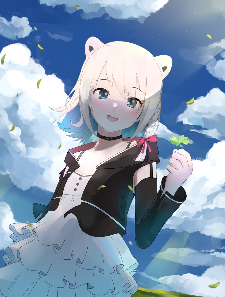 1girl, absurdres, animal_ears, bear_ears, bear_girl, blush, chisato_beatani, clouds
