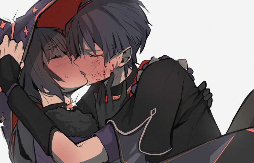 1boy, 1girl, artwolfaja, bangs, black_gloves, black_hair, blood, blood_on_face, blush, closed_eyes, english_commentary, eyebrows_visible_through_hair, fingerless_gloves, fur_trim, genshin_impact, gloves, grey_background, hat, hetero, highres, kiss, long_hair, mona_(genshin_impact), purple_headwear, scaramouche, simple_background, sparkle, sweat, upper_body, witch_hat