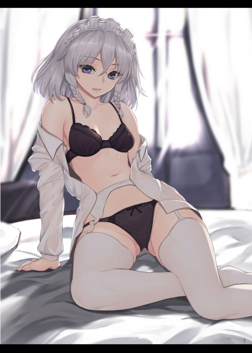 1girl, absurdres, arm_support, ass_visible_through_thighs, bangs, bare_shoulders, black_bra, black_panties