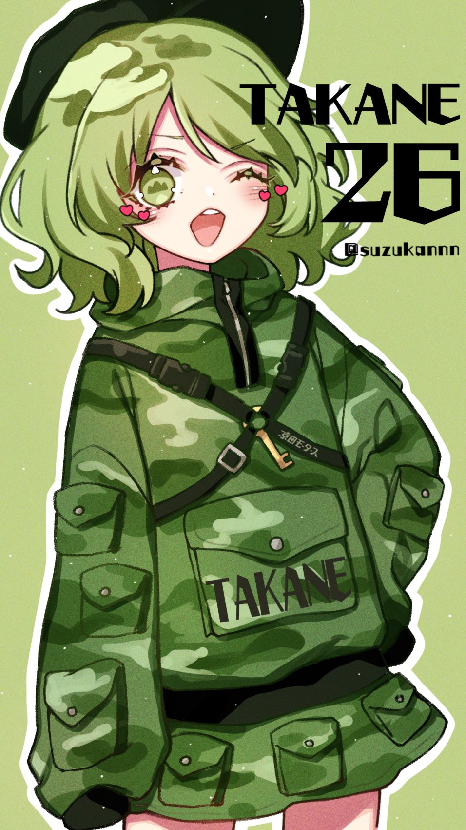 1girl, bangs, black_headwear, camouflage, camouflage_hoodie, camouflage_print, camouflage_skirt, character_name