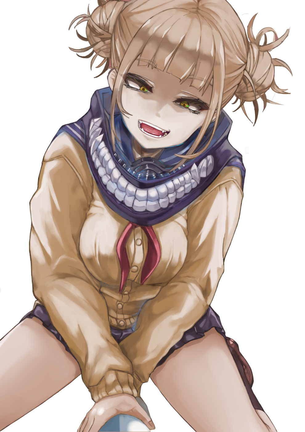 1girl, bangs, blonde_hair, blue_scarf, blunt_bangs, boku_no_hero_academia, breasts, cardigan