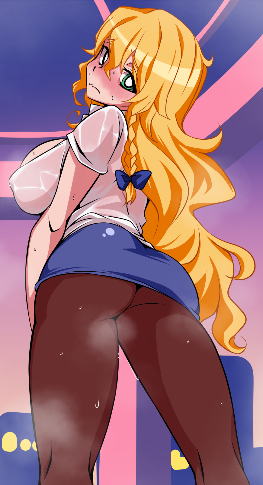 1girl, alternate_costume, ass, bangs, black_legwear, blonde_hair, blue_bow, blue_skirt, blush, bow, braid, breasts, bright_pupils, closed_mouth, commentary_request, cookie_(touhou), cowboy_shot, green_eyes, hair_between_eyes, hair_bow, highres, kirisame_marisa, large_breasts, long_hair, looking_at_viewer, looking_back, mars_(cookie), nose_blush, paburisiyasu, pantyhose, pencil_skirt, shiny, shiny_hair, side_braid, single_braid, skirt, solo, steaming_body, touhou, wavy_mouth, wet, wet_clothes, white_pupils
