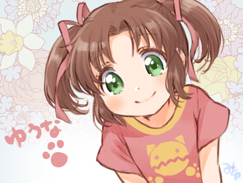 1girl, amatsuka_yuuna, baby_princess, brown_hair, child, floral_background, flower, green_eyes
