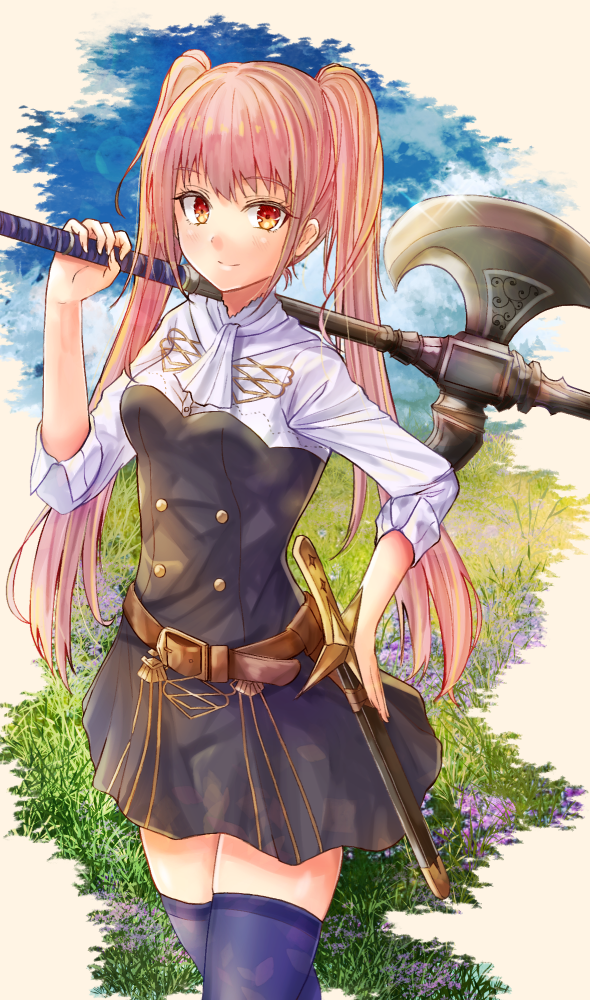1girl, axe, bangs, belt, black_dress, blue_legwear, breasts, brown_belt