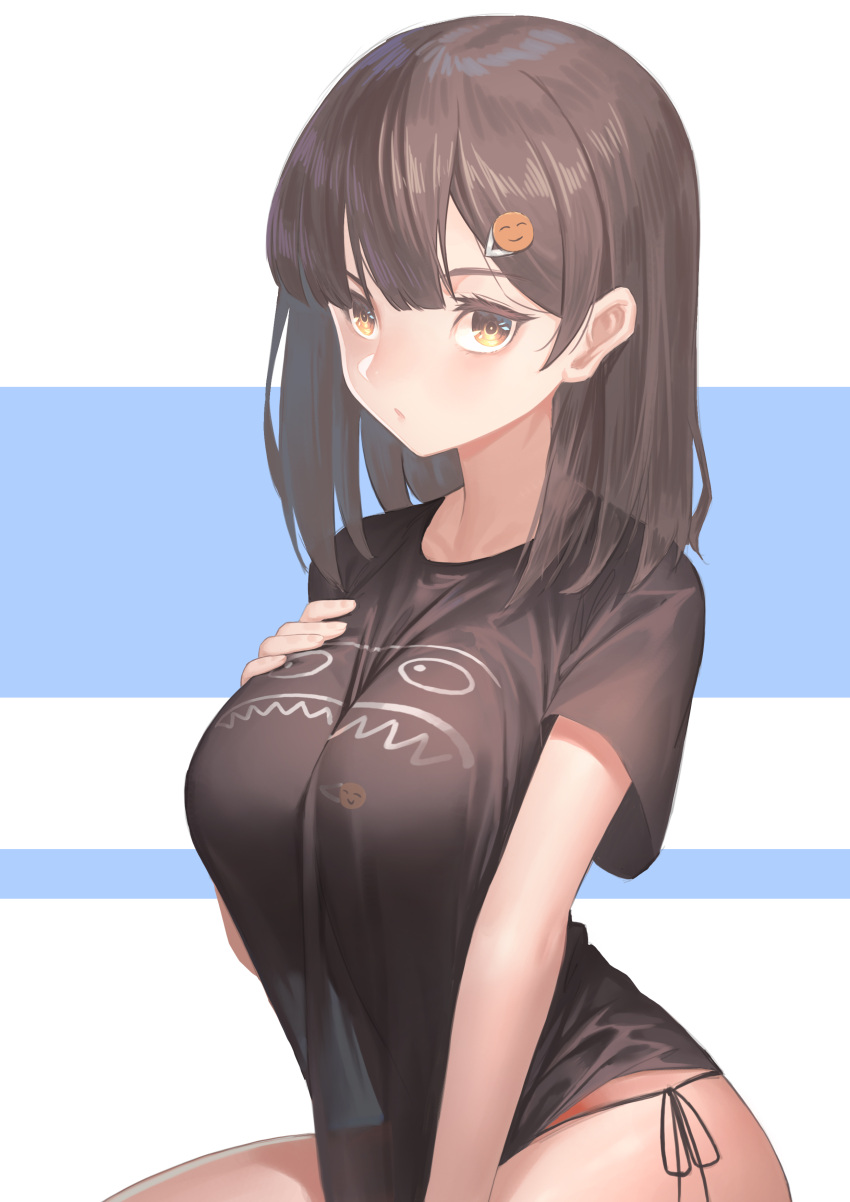 1girl, absurdres, bangs, between_legs, black_shirt, blunt_bangs, breasts, brown_eyes