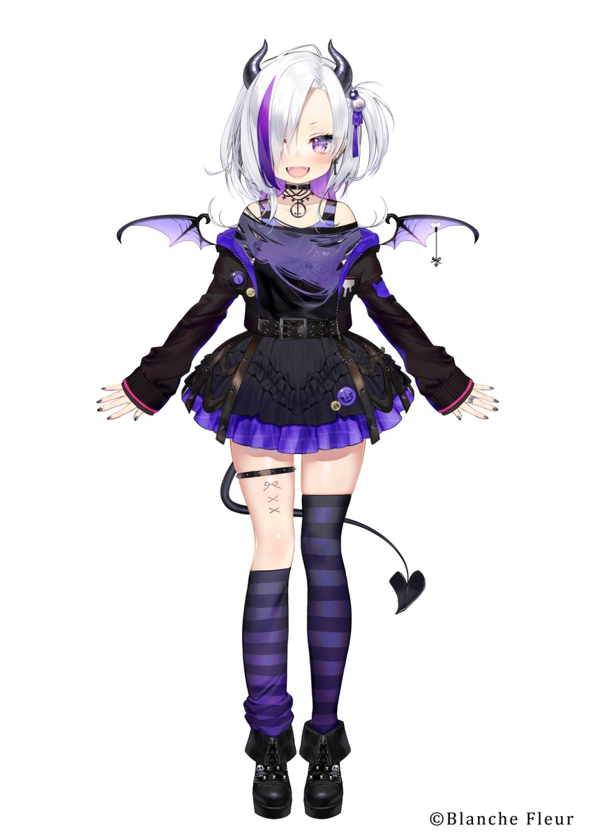 1girl, akumano_chipie, asagi_yuna, blanche_fleur, demon_girl, demon_horns, demon_tail, demon_wings, highres, horns, multicolored_hair, purple_hair, purple_legwear, short_hair, silver_hair, tail, violet_eyes, virtual_youtuber, wings