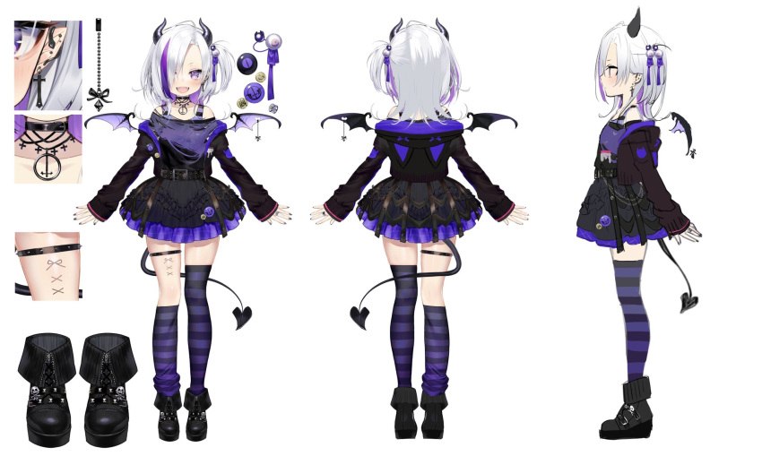 1girl, akumano_chipie, asagi_yuna, blanche_fleur, character_sheet, demon_girl, demon_horns, demon_tail, demon_wings, highres, horns, multicolored_hair, purple_hair, purple_legwear, short_hair, silver_hair, tail, violet_eyes, virtual_youtuber, wings