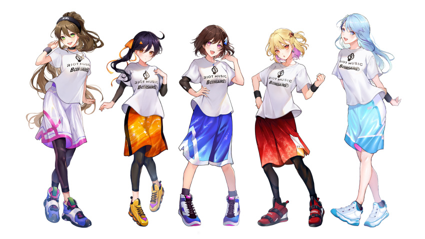 5girls, ashizawa_saki, black_legwear, blonde_hair, blue_hair, brown_hair, doumyouji_cocoa, hair_ornament